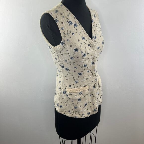 KAZAK Beige Linen Cottage Core Floral Print Button Up Vest Pocket Top 8 RARE - Picture 5 of 10